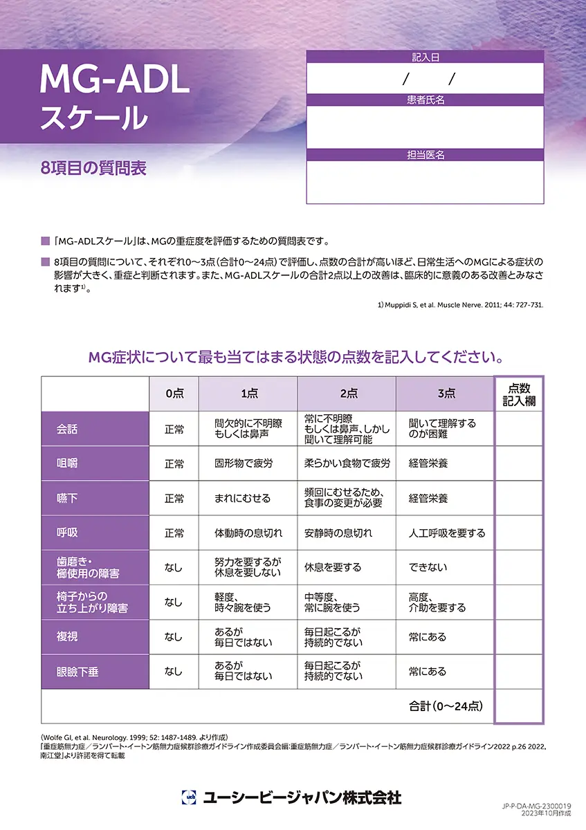 MG-ADLスケール 8項目の評価シート