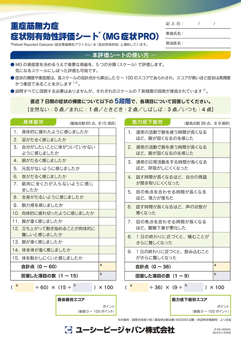 重症筋無力症 症状別有効性評価シート（MG症状PRO）